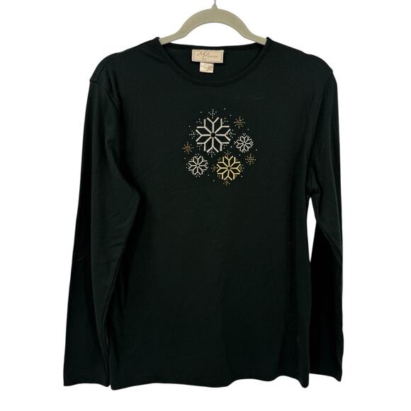 M&C Sportswear Christmas Top Size L Long Sleeve T Shirt Black Bling Snowflakes - Picture 2 of 8